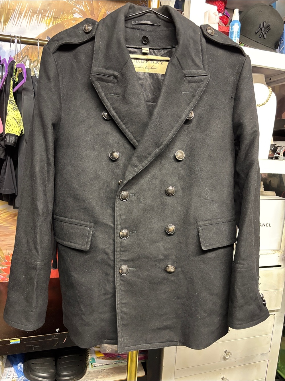 Burberry Men's Black Double-Breasted Peacoat Jacket